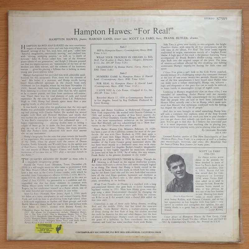 Hampton Hawes  For Real! - Vinyl LP Record - Very-Good+ Quality (VG+) (verygoodplus)