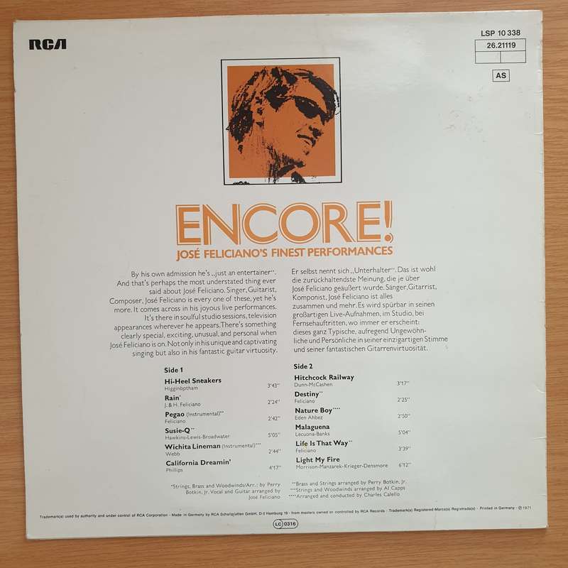 José Feliciano  Encore! José Feliciano's Finest Performances  Vinyl LP Record (VG+)