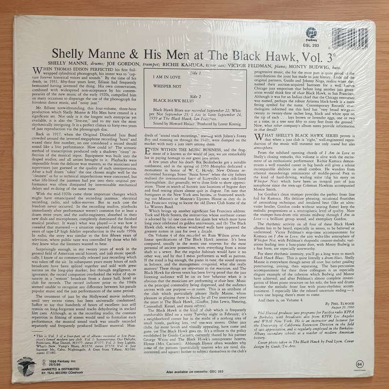 Shelly Manne & His Men  At The Black Hawk, Vol. 3 (GSL)  Vinyl LP Record (VG+)