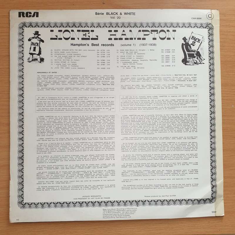 Lionel Hampton  Lionel Hampton's Best Records (1937-1938)  Vinyl LP Record - Very-Good+ Qua...