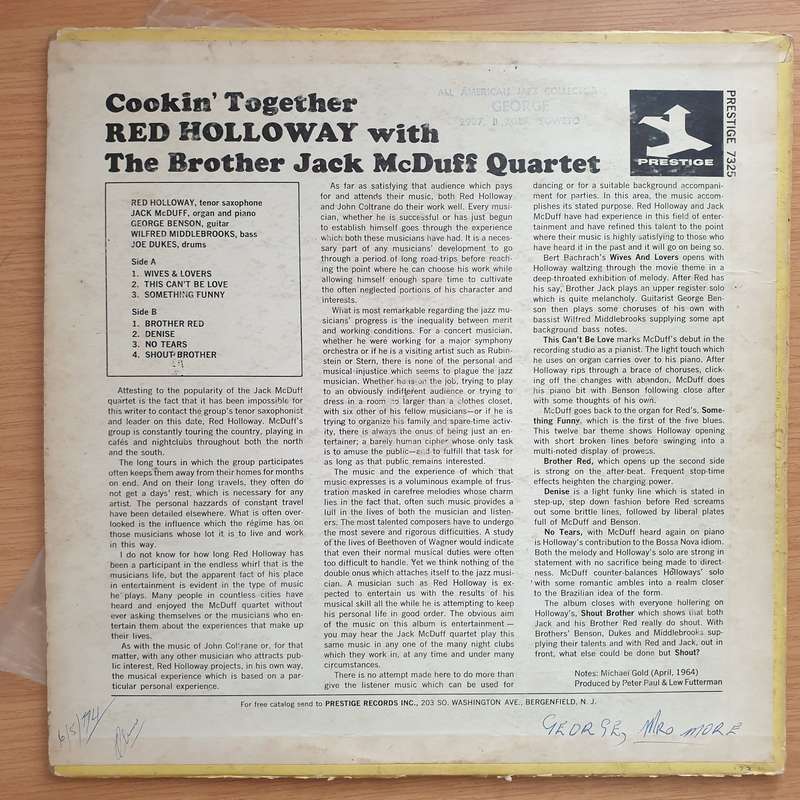 Red Holloway With The Brother Jack McDuff Quartet  Cookin' Together - Vinyl LP Record - Very-G...