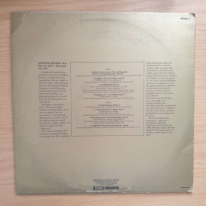Brahms - Masterpiece Series  Vinyl LP Record - Very-Good+ Quality (VG+) (verygoodplus)