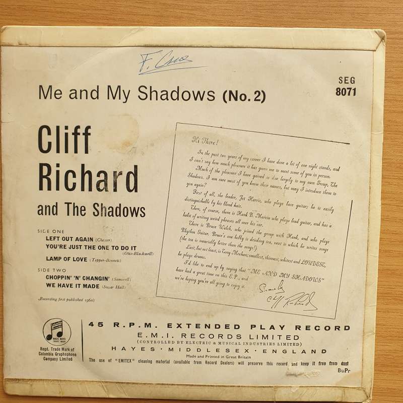 Cliff Richard And The Shadows  Me and My Shadows (No. 2) - Vinyl 7" Record - Very-Good+ Qualit...