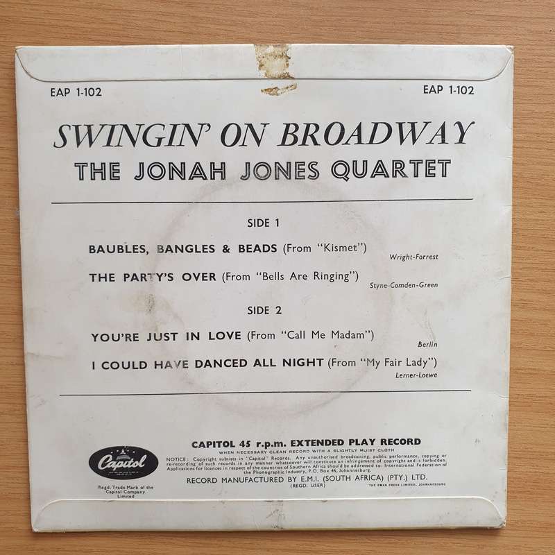 The Jonah Jones Quartet  Swingin' On Broadway - Vinyl 7" Record - Very-Good+ Quality (VG+) (ve...