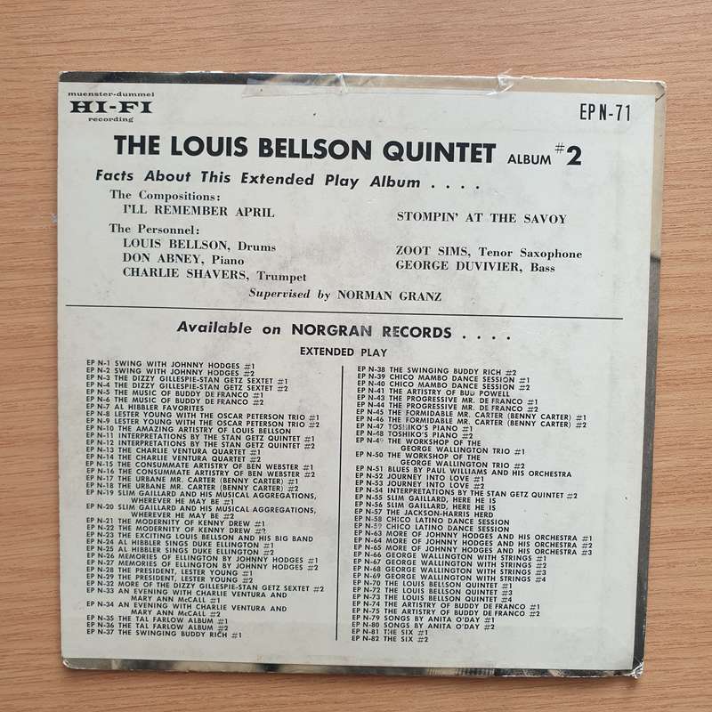 The Louis Bellson Quintet  The Louis Bellson Quintet Album #2 - Vinyl 7" Record - Very-Good+ Q...