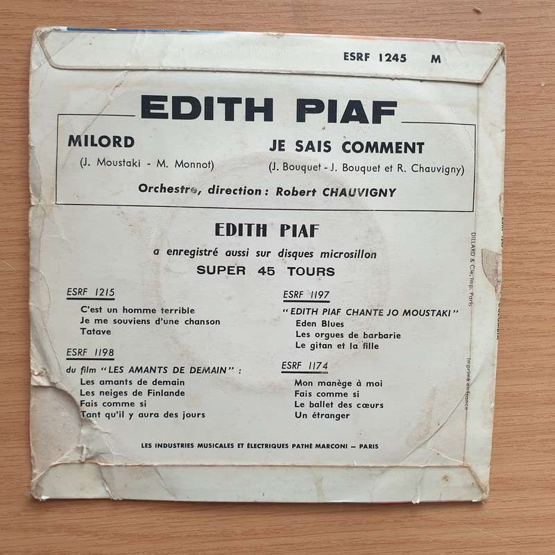 Edith Piaf  Milord - Vinyl 7" Record - Very-Good+ Quality (VG+) (verygoodplus7)