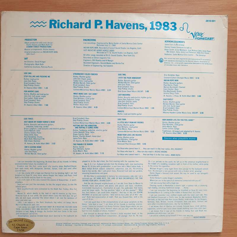 Richie Havens  Richard P. Havens 1983 - Vinyl LP Record - Very-Good- Quality (VG-) (minus)
