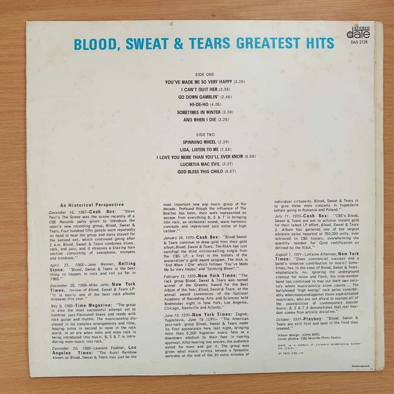 Blood, Sweat & Tears  Blood, Sweat & Tears Greatest Hits -  Vinyl LP Record - Very-Good+ Quali...