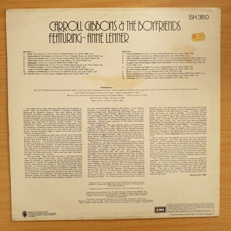 Carroll Gibbons & the Boyfriends Featuring Anne Lenner - On the Air for Hartleys Jam -  Vinyl LP ...