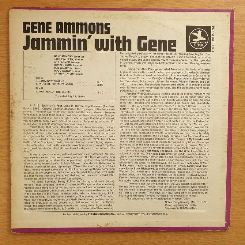 Gene Ammons  Jammin' With Gene (Gene Ammons Jam Sessions Vol. 2) - Vinyl LP Record - Very-Good...
