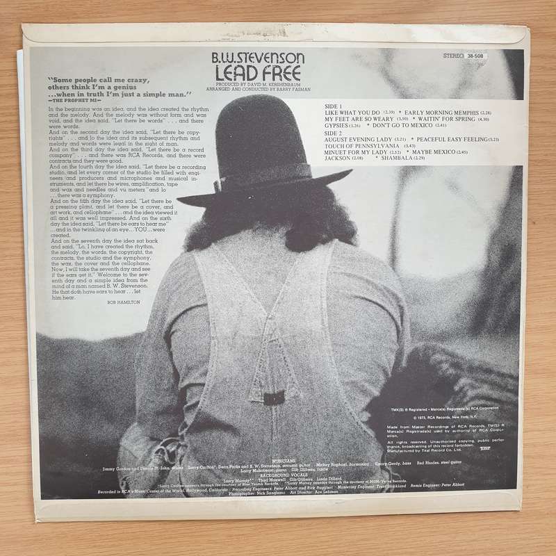 B.W. Stevenson  Lead Free -  Vinyl LP Record - Very-Good+ Quality (VG+)