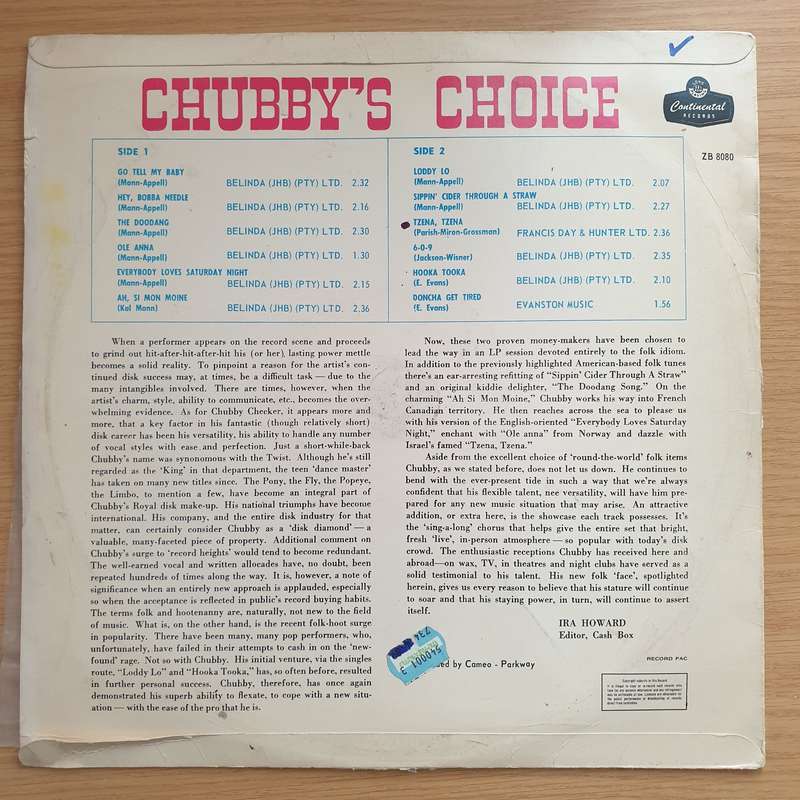 Chubby Checker  Chubby's Choice - Vinyl LP Record - Very-Good Quality (VG) (verry)