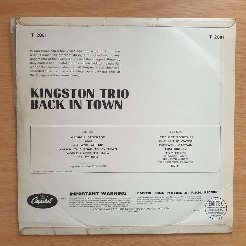 The Kingston Trio  Back In Town - Recorded Live at San Franciso's Hungry i - Vinyl LP Record -...