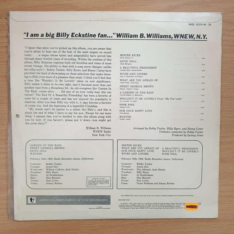 Billy Eckstine  The Modern Sound Of Mr. B. - Vinyl LP Record - Very-Good+ Quality (VG+)