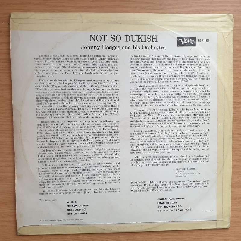 Johnny Hodges And His Orchestra  Not So Dukish - Vinyl LP Record - Very-Good+ Quality (VG+)