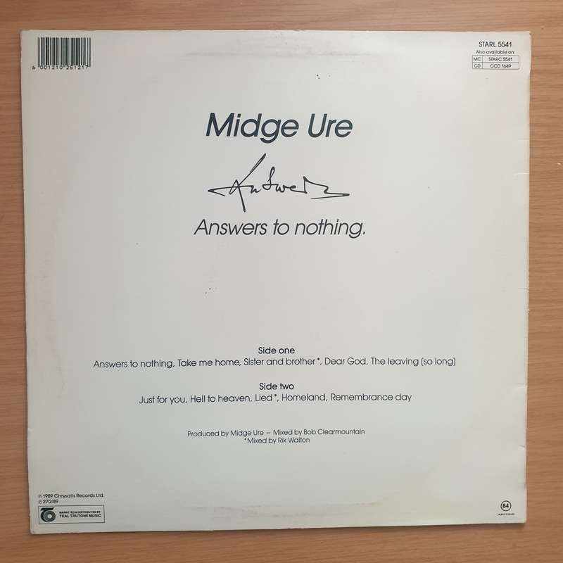 Midge Ure  Answers To Nothing - Vinyl LP Record - Very-Good+ Quality (VG+) (verygoodplus)