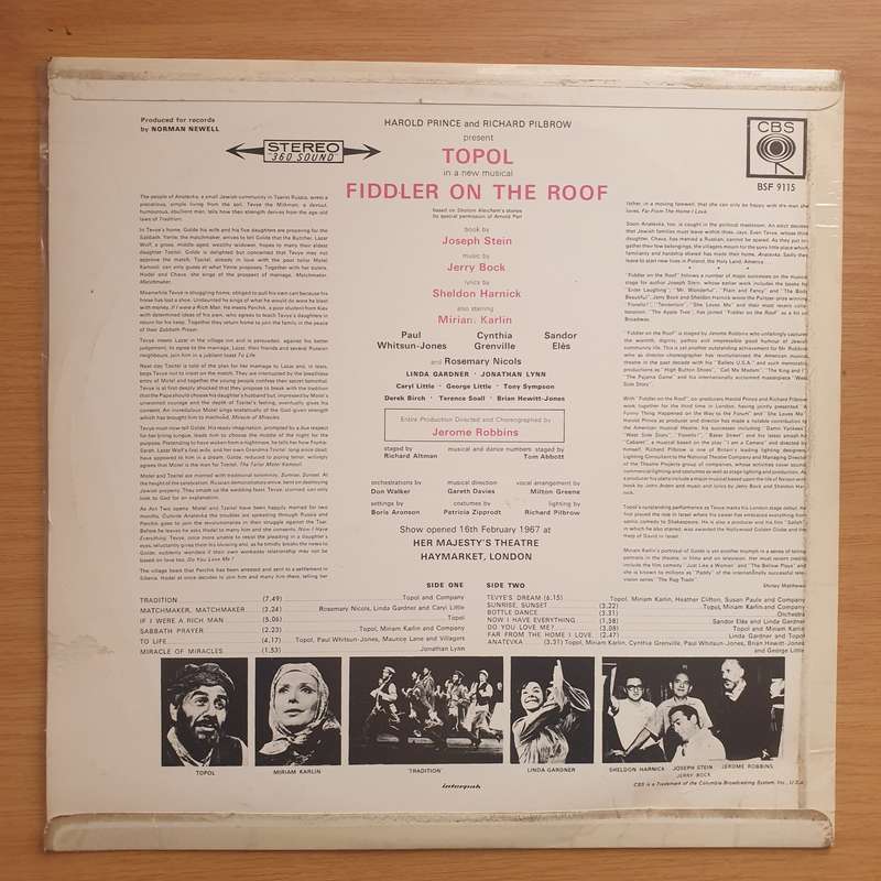 Fiddler On The Roof - Topol  Vinyl LP Record - Very-Good+ Quality (VG+)