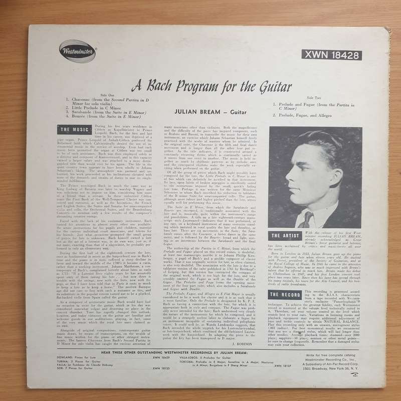 Julian Bream  A Bach Program For The Guitar  Vinyl LP Record - Very-Good+ Quality (VG+) (ve...