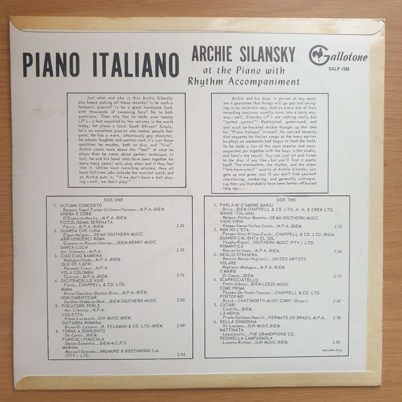 Archie Silansky - Archie's Piano Italiano  Vinyl LP Record - Very-Good+ Quality (VG+) (verygoo...