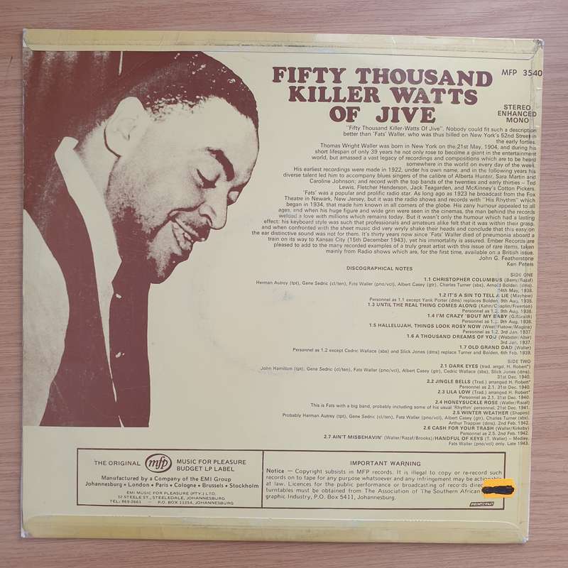 Fats Waller  50,000 Killer-Watts Of Jive - Vinyl LP Record - Very-Good+ Quality (VG+) (verygoo...