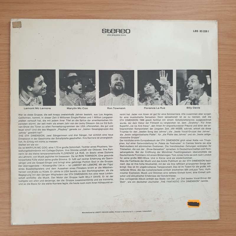 The 5th Dimension  The Fantastic 5th Dimension  - Vinyl LP Record - Very-Good+ Quality (VG+)
