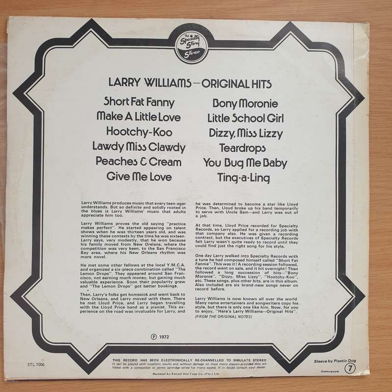 Larry Williams  Original Hits  Vinyl LP Record  - Very-Good+ Quality (VG+)