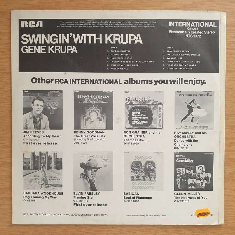 Gene Krupa And His Orchestra  Swingin' With Krupa - Vinyl LP Record - Very-Good Quality (VG) (...