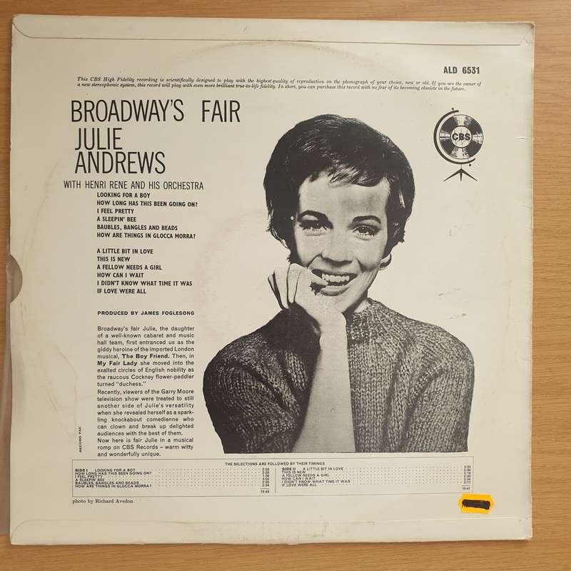 Julie Andrews  Broadway's Fair Julie - Vinyl LP Record  - Very-Good+ Quality (VG+)