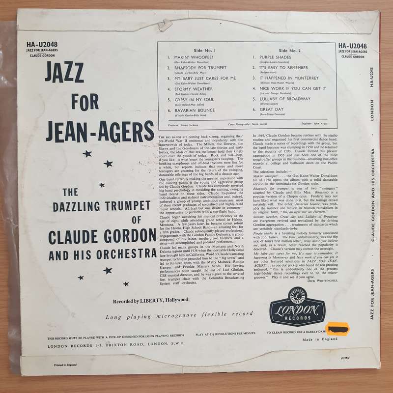 Claude Gordon And His Orchestra  Jazz For Jean-Agers - Vinyl LP Record - Very-Good Quality (VG...