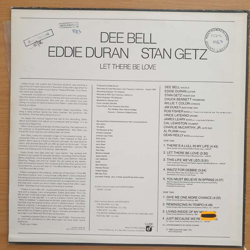 Dee Bell / Eddie Duran / Stan Getz  Let There Be Love  - Vinyl LP Record  - Very-Good+ Quality...