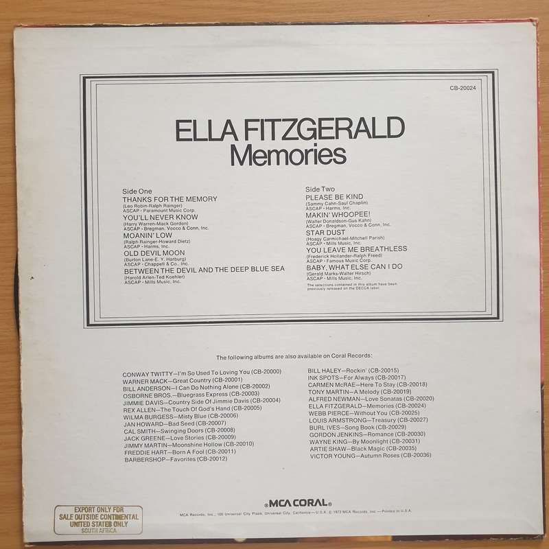 Ella Fitzgerald  Memories  Vinyl LP Record - Very-Good+ Quality (VG+) (verygoodplus)