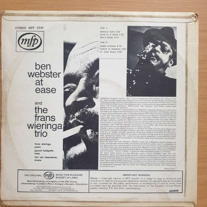 Ben Webster And The Frans Wieringa Trio  Ben Webster At Ease  Vinyl LP Record - Very-Good Q...