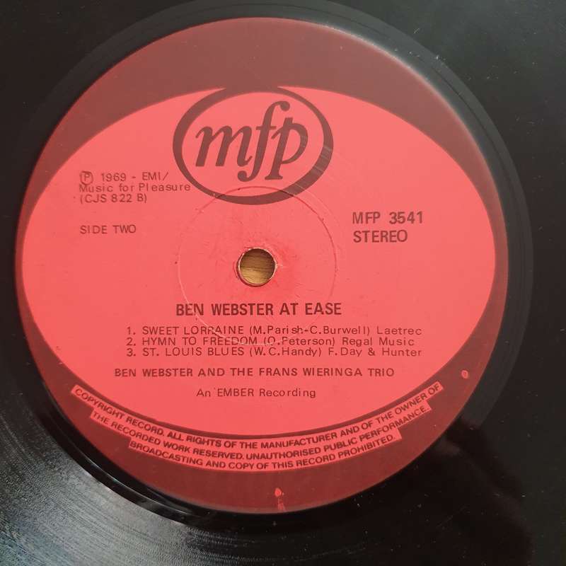 Ben Webster And The Frans Wieringa Trio  Ben Webster At Ease  Vinyl LP Record - Very-Good Q...