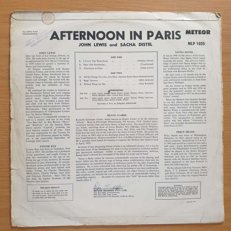 John Lewis & Sacha Distel  Afternoon In Paris -  Vinyl LP Record - Very-Good Quality (VG) (verry)