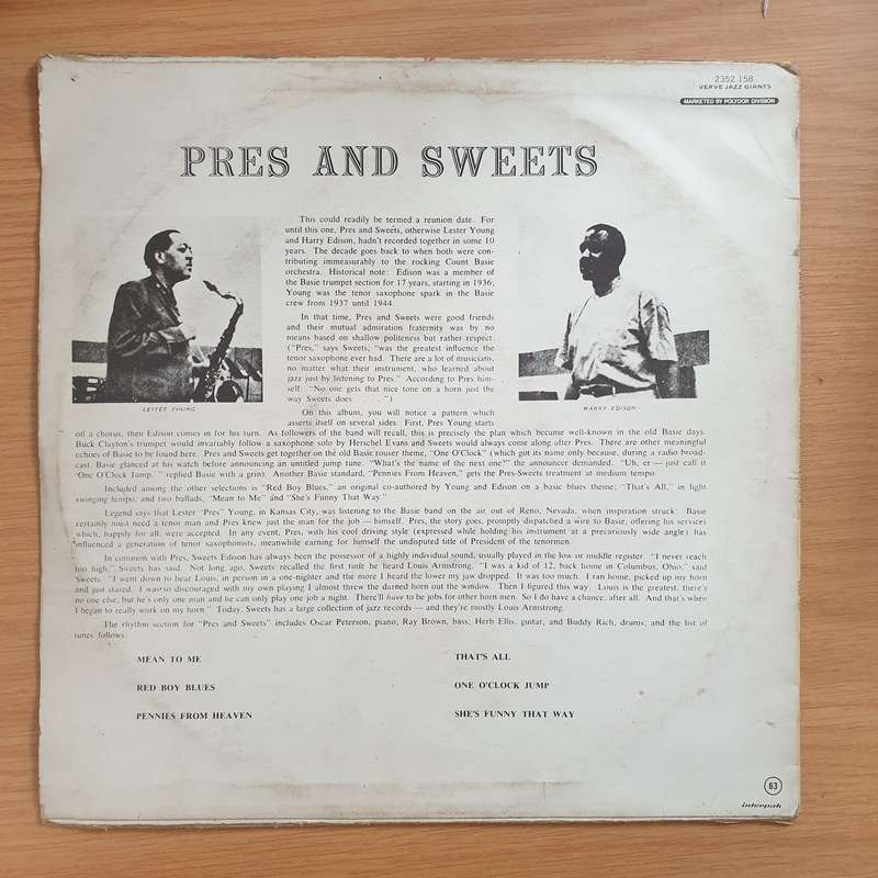 Lester Young, Harry Edison  Pres & Sweets - Vinyl LP Record - Very-Good+ Quality (VG+) (verygo...