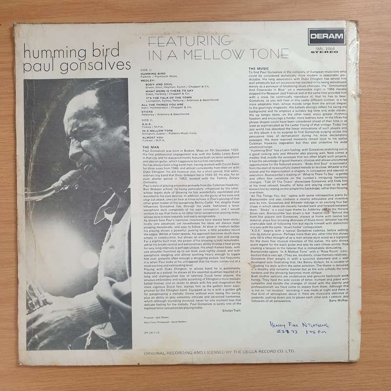 Paul Gonsalves  Humming Bird  Vinyl LP Record - Very-Good Quality (VG) (verry)