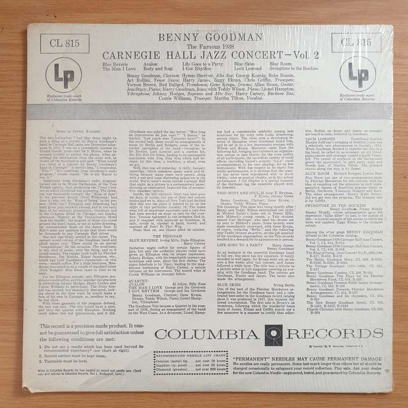 Benny Goodman  The Famous 1938 Carnegie Hall Jazz Concert - Vol. 2  Vinyl LP Record - Very-...