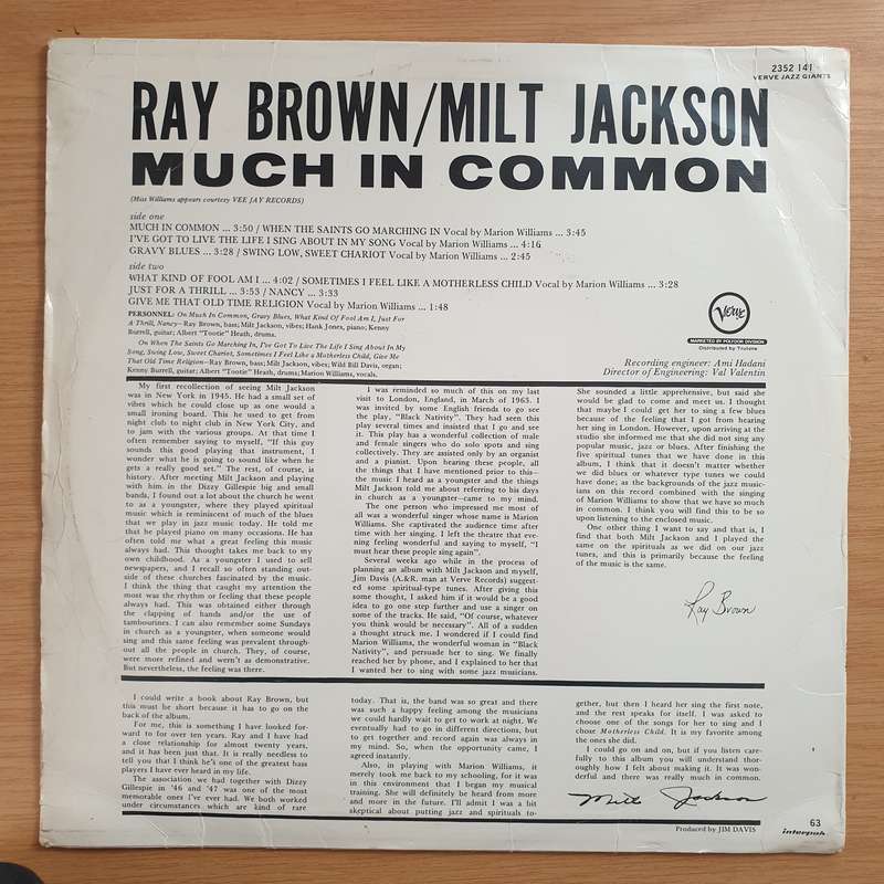 Ray Brown / Milt Jackson  Much In Common  Vinyl LP Record - Very-Good Quality (VG) (verry)