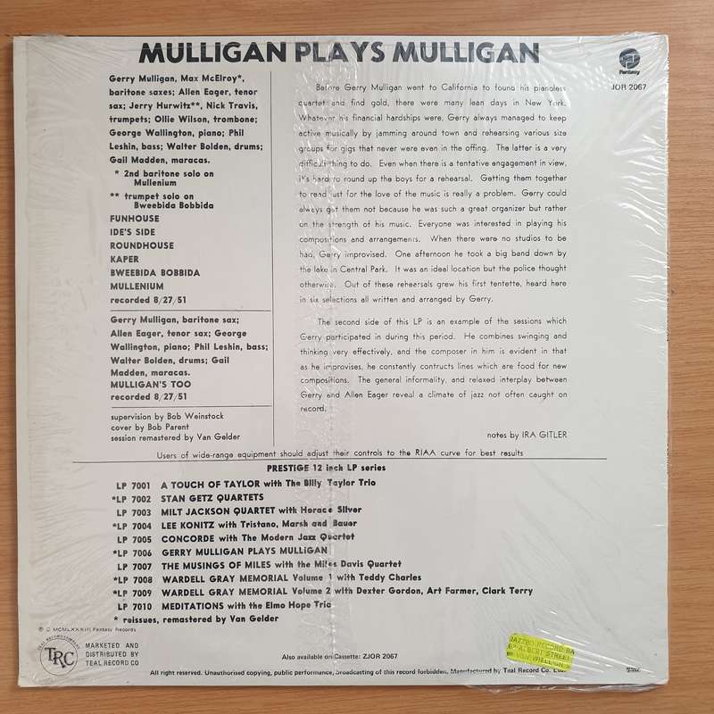 Gerry Mulligan  Mulligan Plays Mulligan  Vinyl LP Record - Very-Good+ Quality (VG+) (verygo...