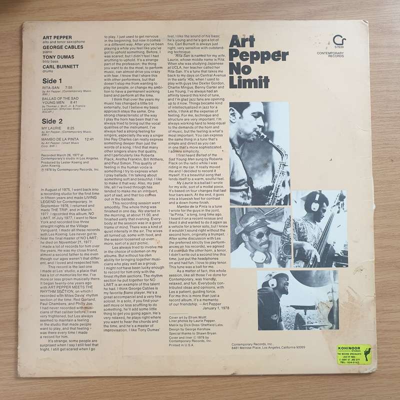 Art Pepper  No Limit  Vinyl LP Record - Very-Good Quality (VG) (verry)