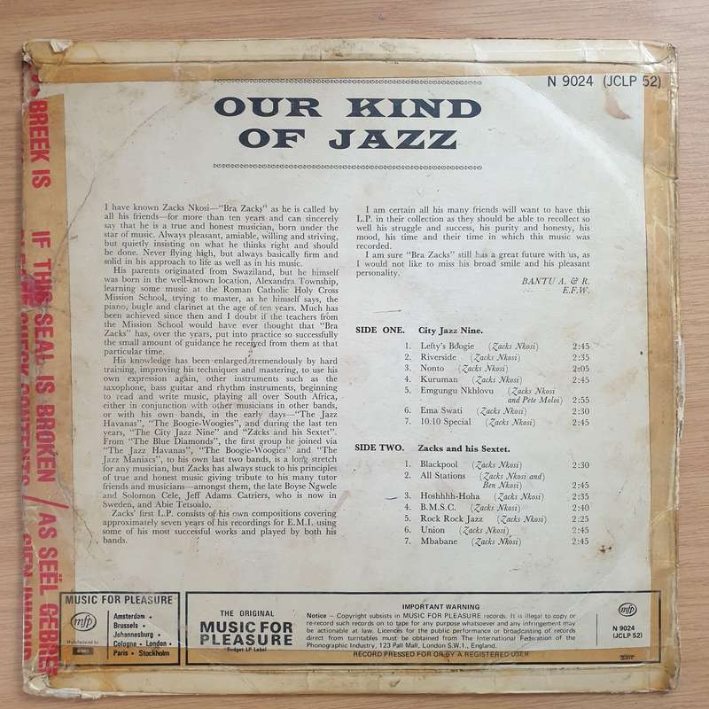 Zacks Nkosi  Our Kind Of Jazz - Vinyl LP Record - Good+ Quality (G+) (gplus)