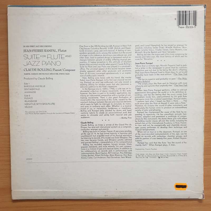 Jean-Pierre Rampal / Claude Bolling  Suite For Flute And Jazz Piano  Vinyl LP Record - Very...