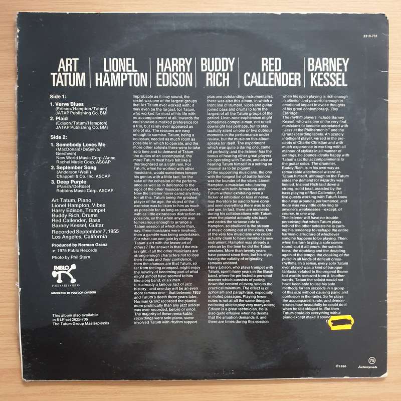 The Tatum Group Masterpieces  Art Tatum - Hampton / Edison / Rich /Callender / Kessel  Viny...