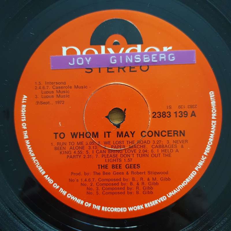Bee Gees  To Whom It May Concern  Vinyl LP Record - Very-Good Quality (VG) (verry)