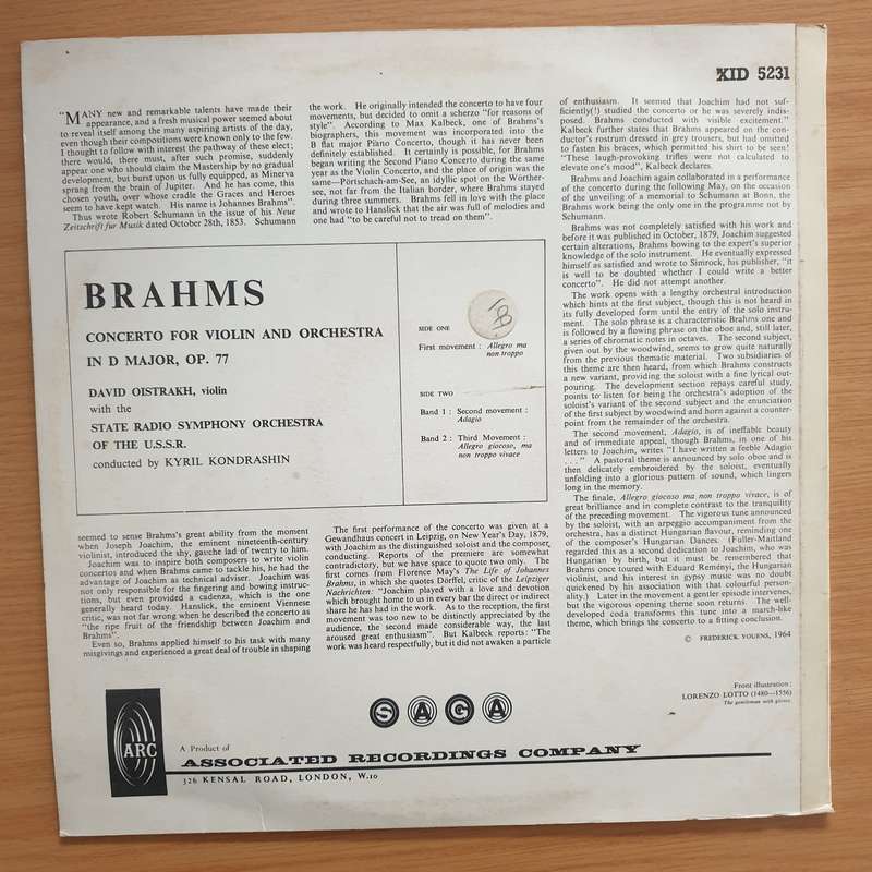 David Oistrakh - Brahms- Violin Concerto - D Major Opus 77 -  Vinyl LP Record - Very-Good+ Qualit...
