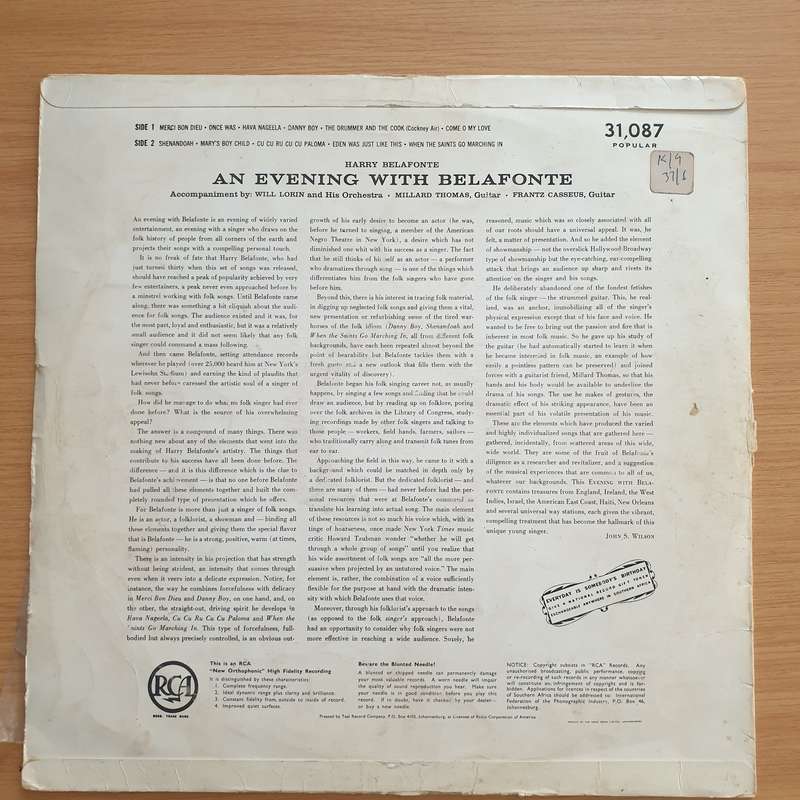 Harry Belafonte  An Evening With Belafonte  - Vinyl LP Record  - Good Quality (G) (goood)