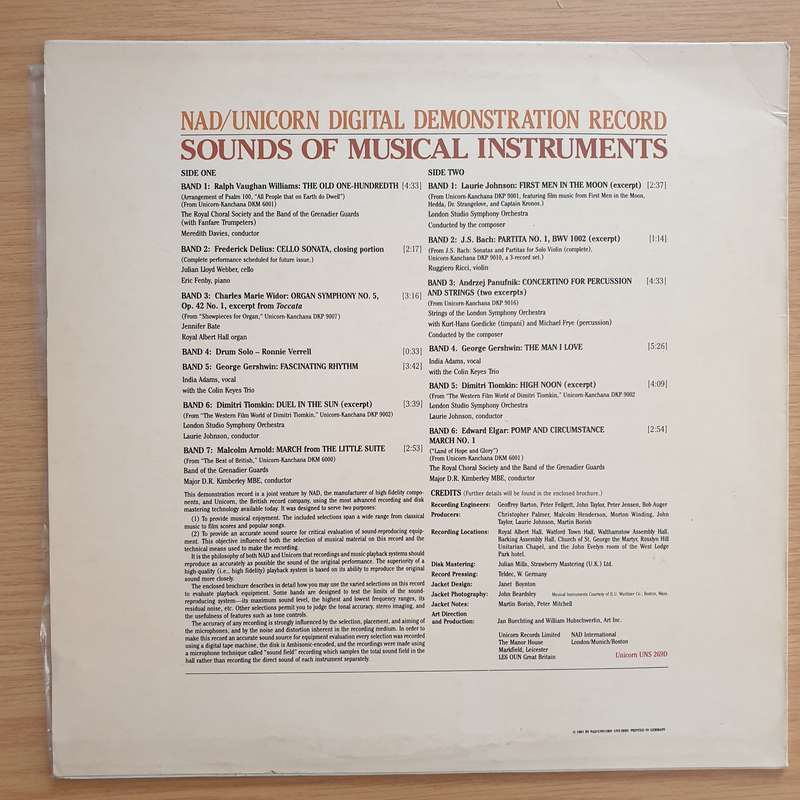 Sounds Of Musical Instruments - NAD / Unicorn Digital Demonstration Record - Vinyl LP Record - Ve...