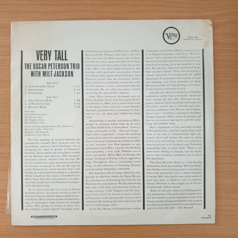 The Oscar Peterson Trio With Milt Jackson  Very Tall  Vinyl LP Record - Very-Good Quality (...