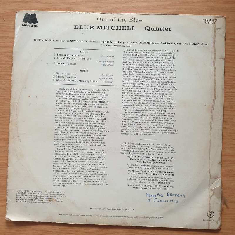 Blue Mitchell  Out Of The Blue  Vinyl LP Record - Good+ Quality (G+) (gplus)