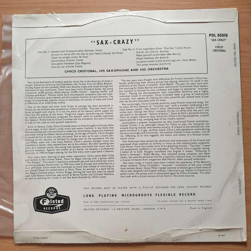 Chico Cristobal, His Saxophone And Orchestra  Sax-Crazy - Vinyl LP Record - Very-Good+ Quality...